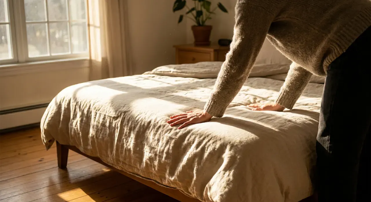 Low-angle view of a person smoothing a duvet across a made bed, in bright midday sun