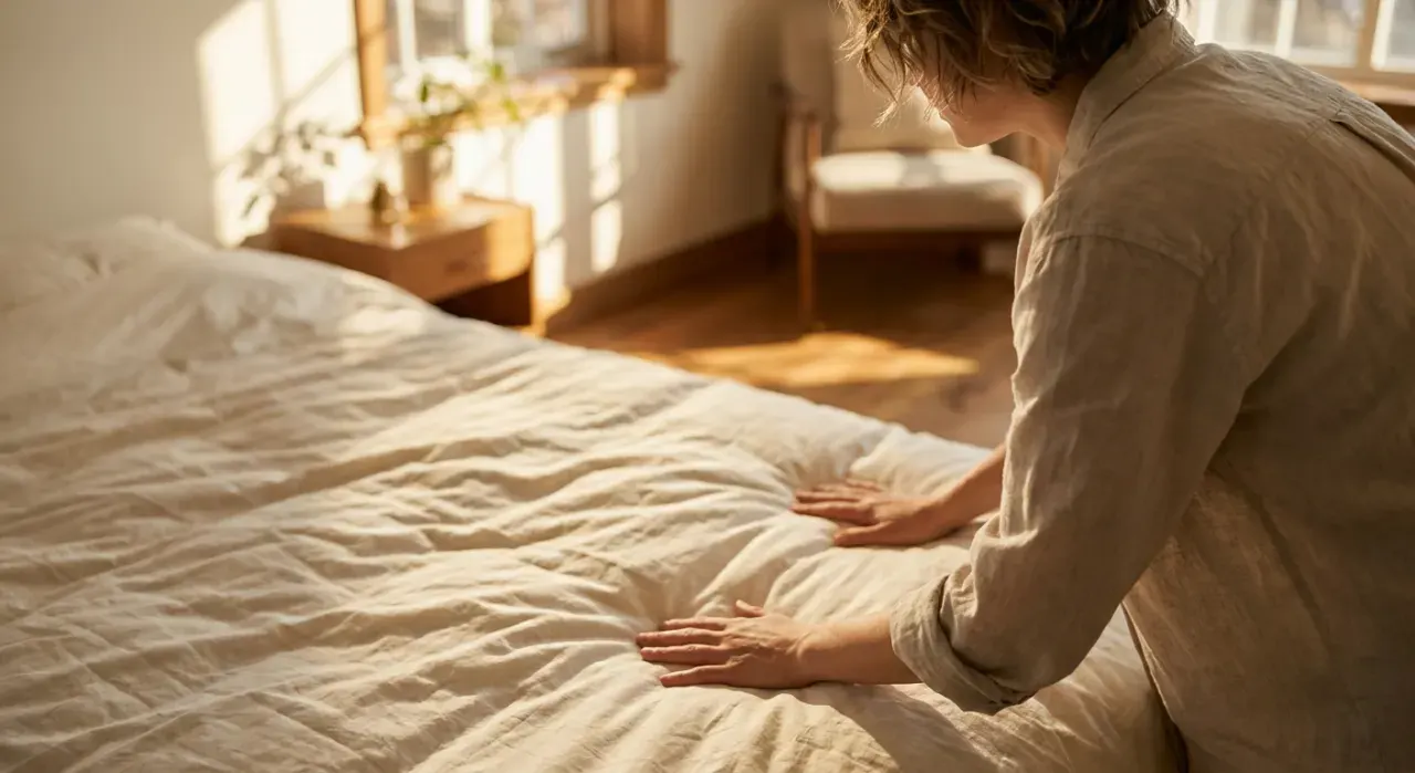Golden-hour view of a person smoothing a duvet across a made bed