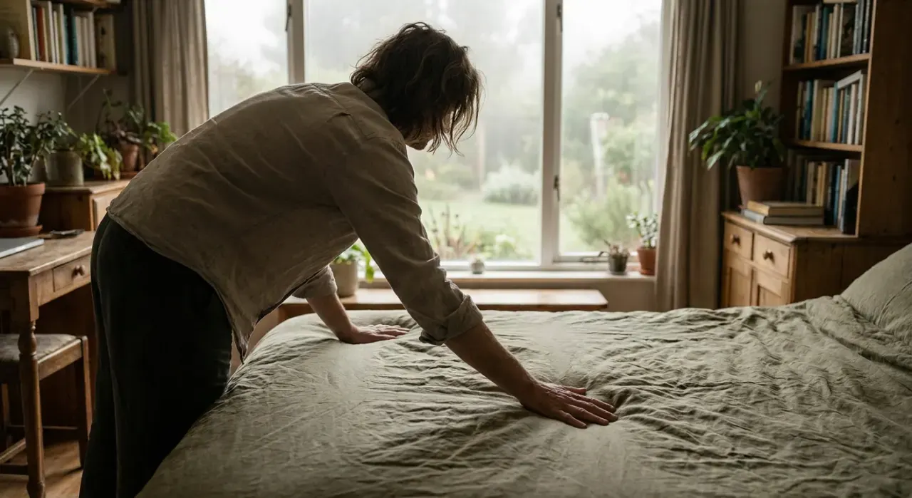Wide view of a person smoothing a duvet across a made bed, in soft overcast light