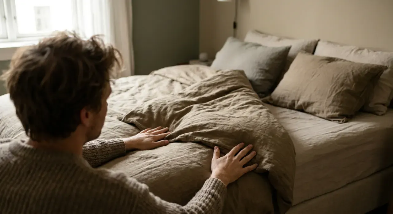 Over-the-shoulder view of a person smoothing a duvet across a made bed, in soft overcast light