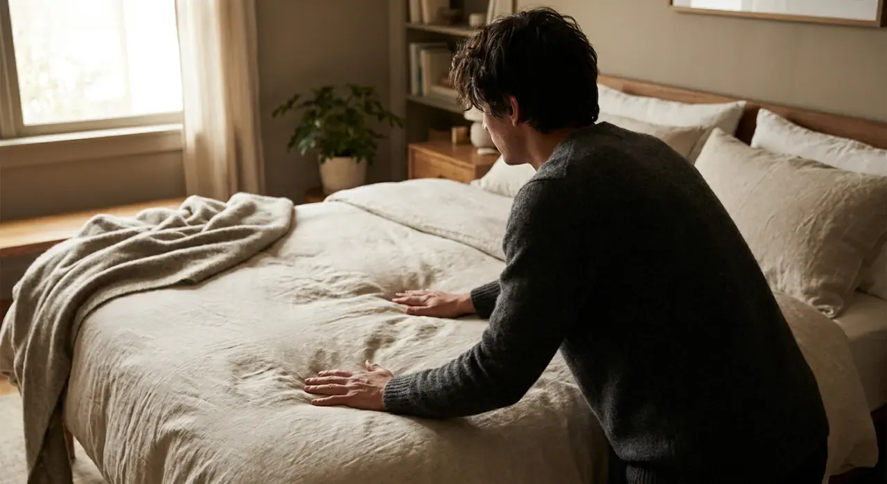 Three-quarter view of a person smoothing a duvet across a made bed, in soft overcast light