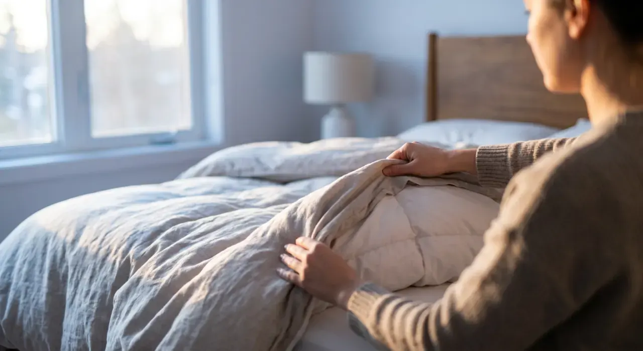 Over-the-shoulder view of a person smoothing a duvet across a made bed, in soft early-morning light