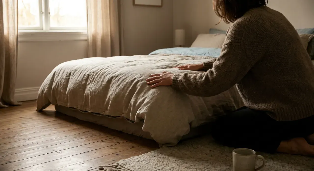 Low-angle view of a person smoothing a duvet across a made bed, in soft overcast light