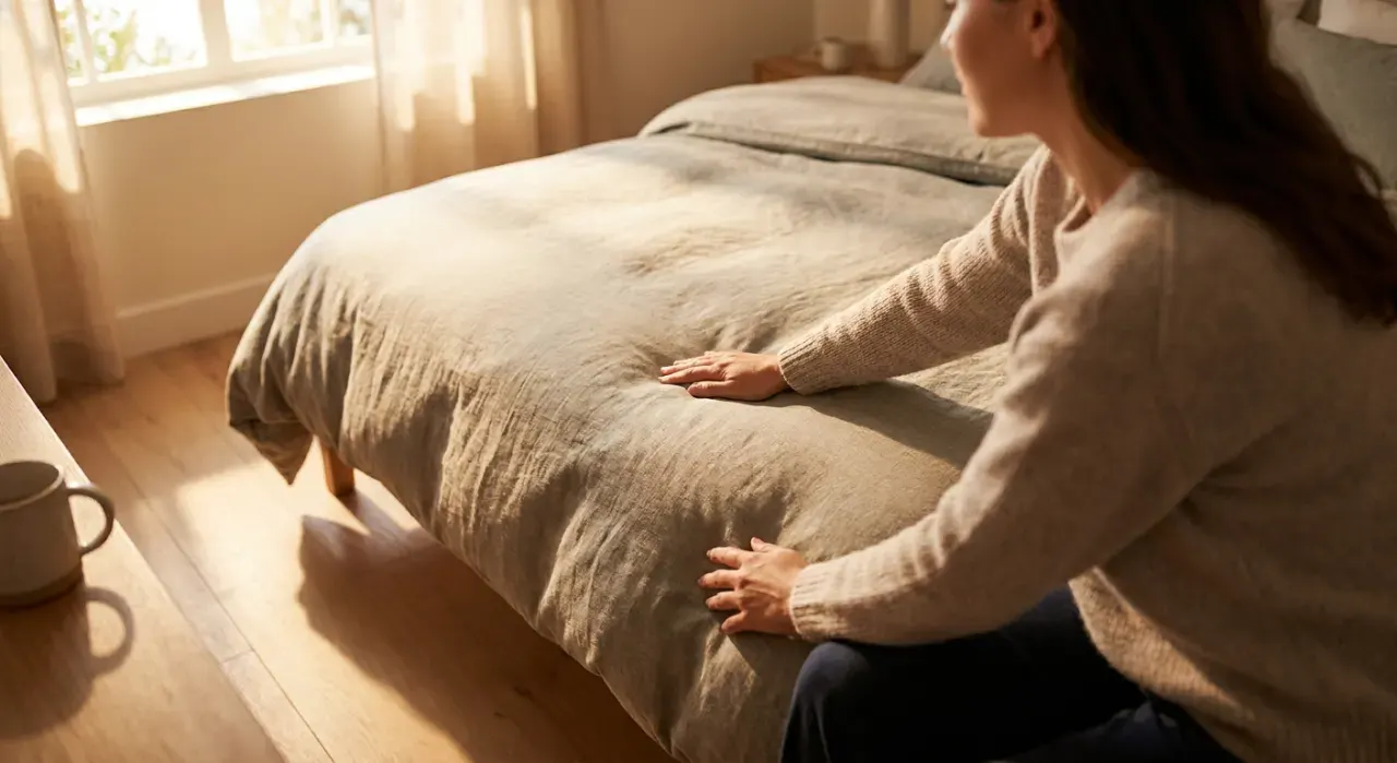 Golden-hour view of a person smoothing a duvet across a made bed
