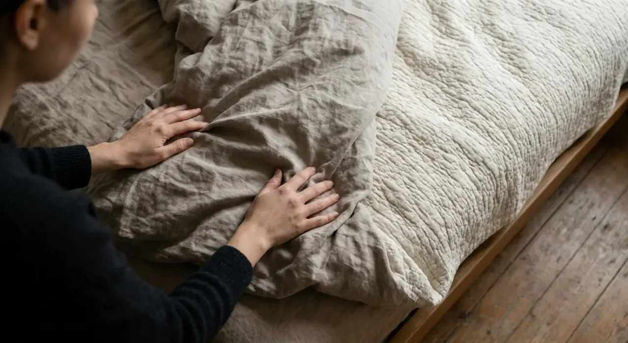 Overhead view of a person smoothing a duvet across a made bed, in soft overcast light