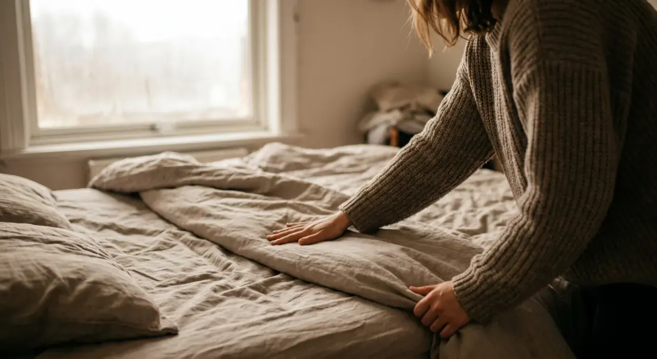 Wide environmental view of a person smoothing a duvet across a made bed, in soft overcast light
