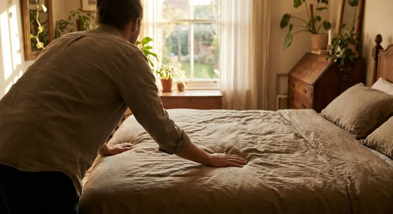 Wide view of a person smoothing a duvet across a made bed, in warm late-afternoon light