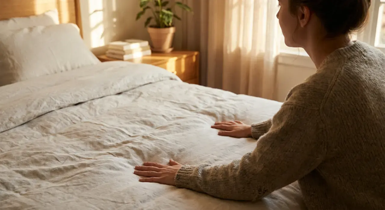 Over-the-shoulder view of a person smoothing a duvet across a made bed, in warm late-afternoon light