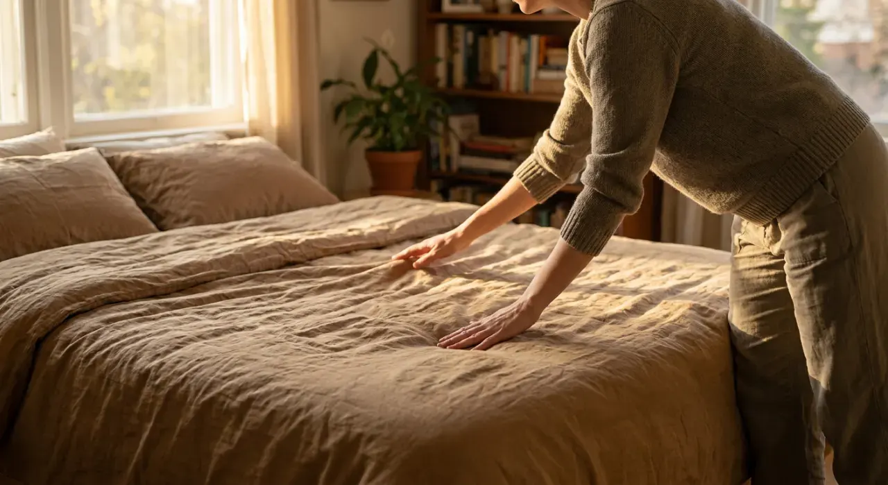 Three-quarter view of a person smoothing a duvet across a made bed, in warm late-afternoon light