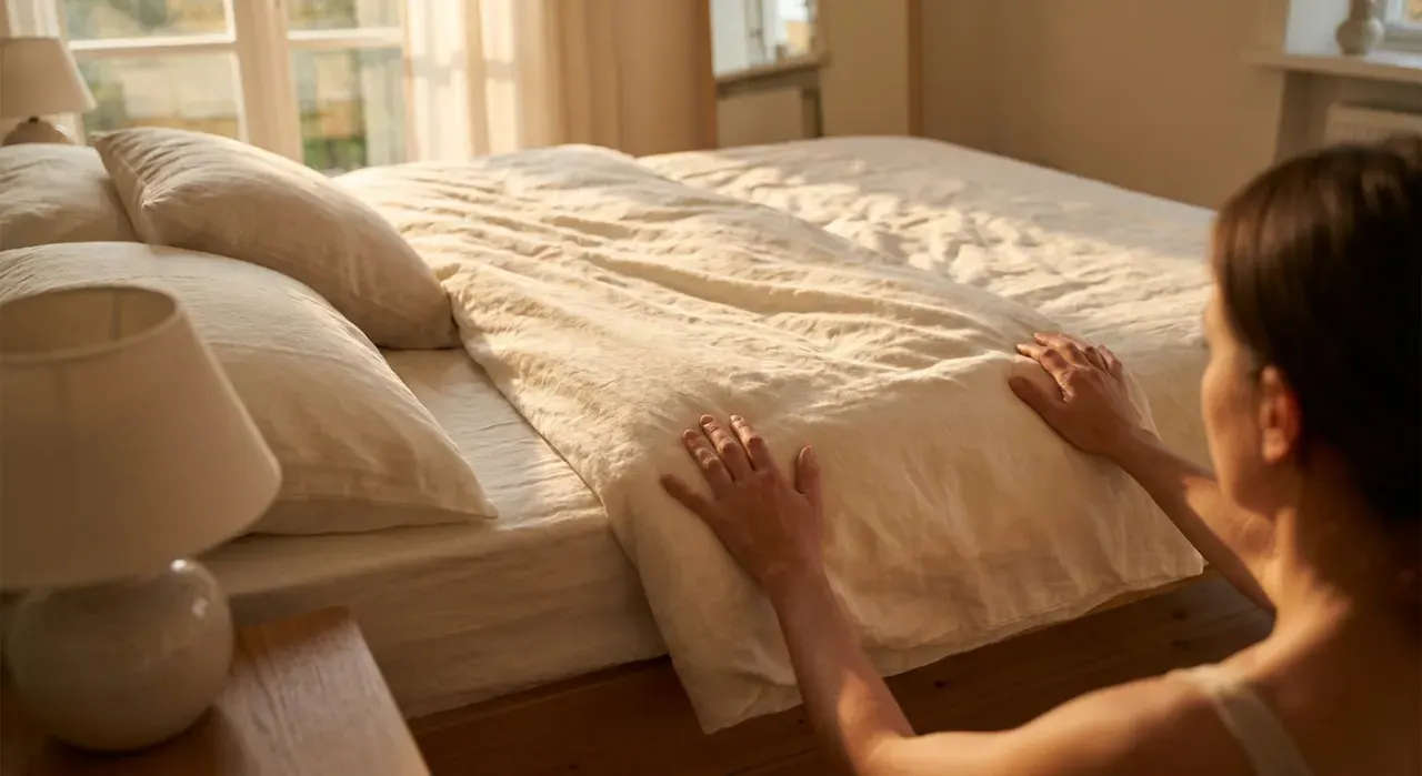 Low-angle view of a person smoothing a duvet across a made bed, in warm late-afternoon light