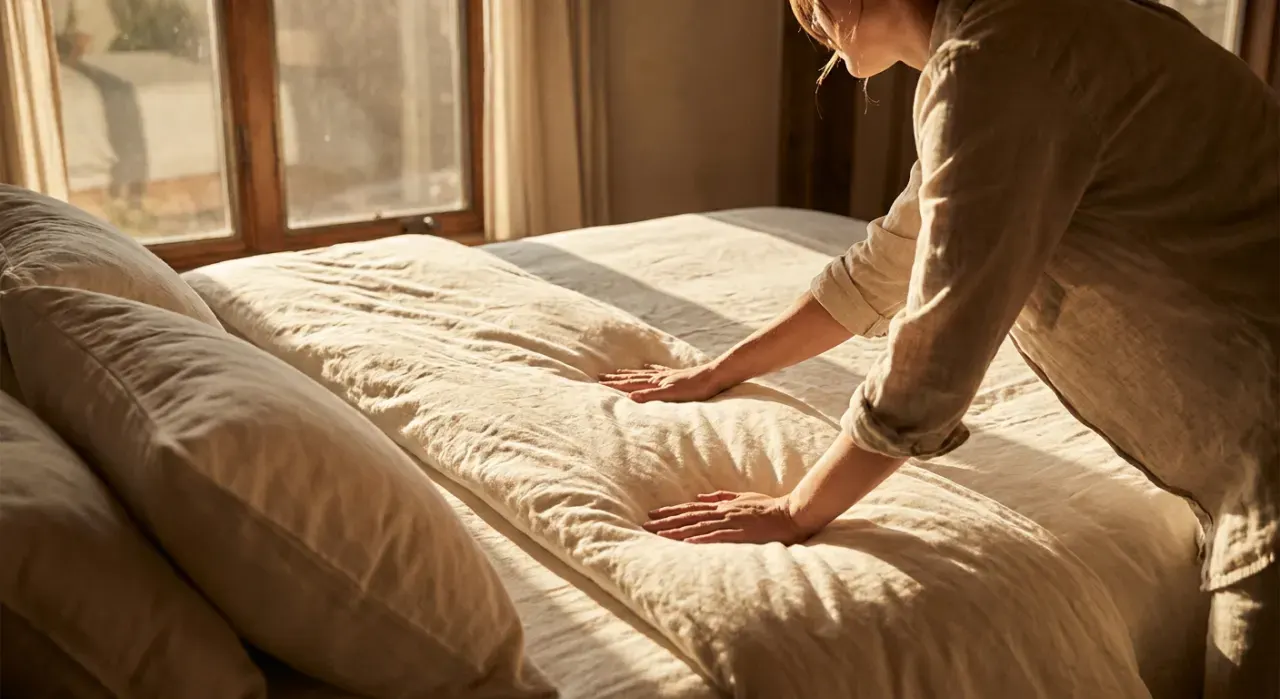 Golden-hour view of a person smoothing a duvet across a made bed