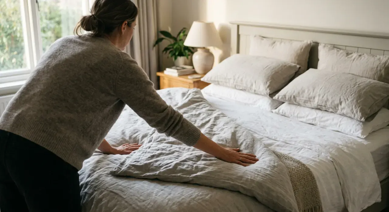 Three-quarter view of a person smoothing a duvet across a made bed, in soft early-morning light