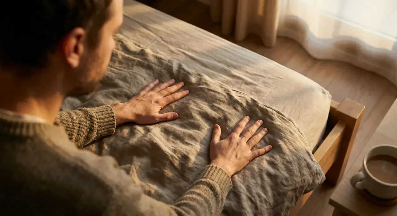 Overhead view of a person smoothing a duvet across a made bed, in warm late-afternoon light