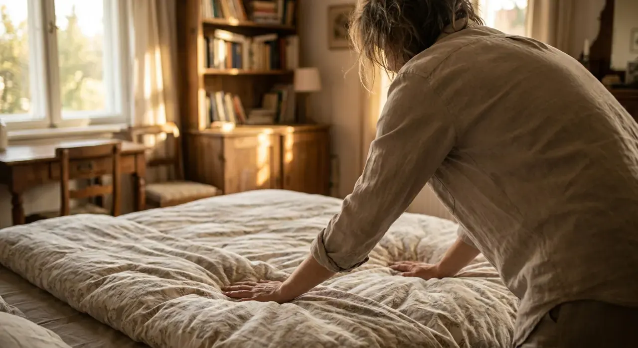 Wide environmental view of a person smoothing a duvet across a made bed, in warm late-afternoon light