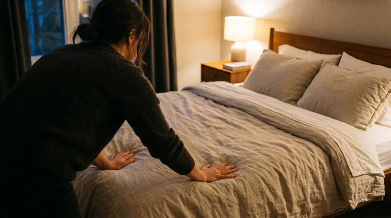 Over-the-shoulder view of a person smoothing a duvet across a made bed, in warm evening lamplight