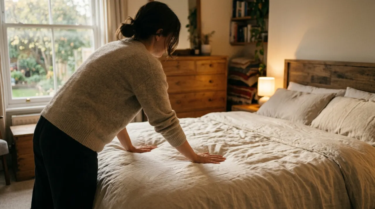 Three-quarter view of a person smoothing a duvet across a made bed, in warm evening lamplight