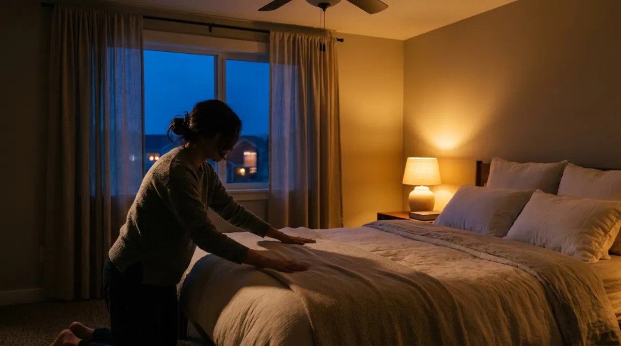 Low-angle view of a person smoothing a duvet across a made bed, in warm evening lamplight