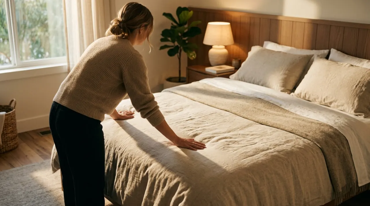 Golden-hour view of a person smoothing a duvet across a made bed
