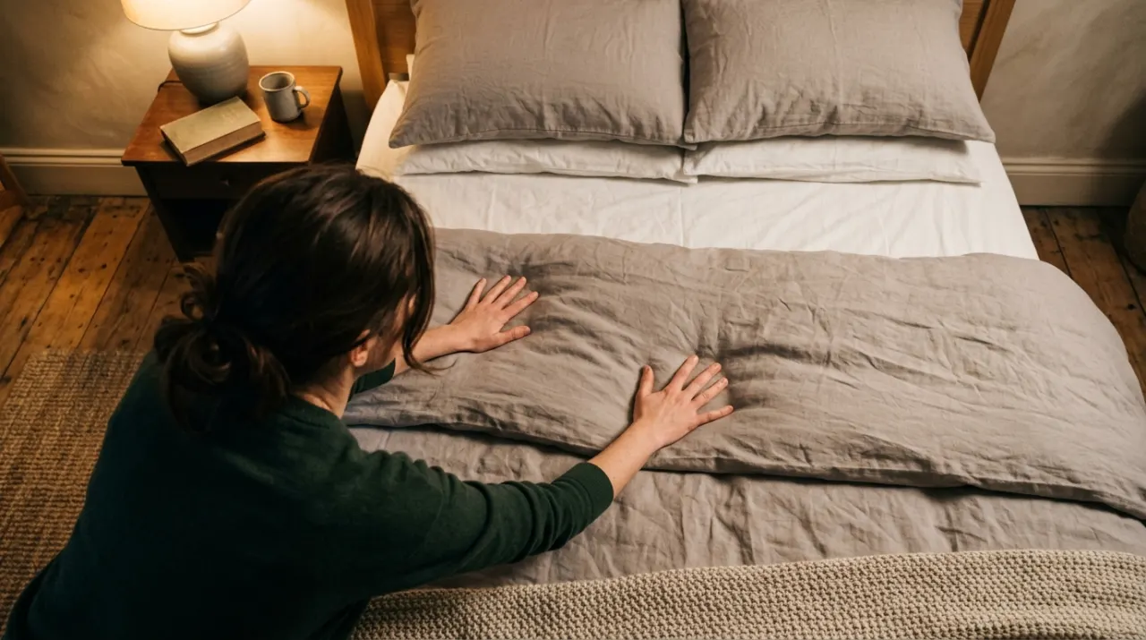 Overhead view of a person smoothing a duvet across a made bed, in warm evening lamplight