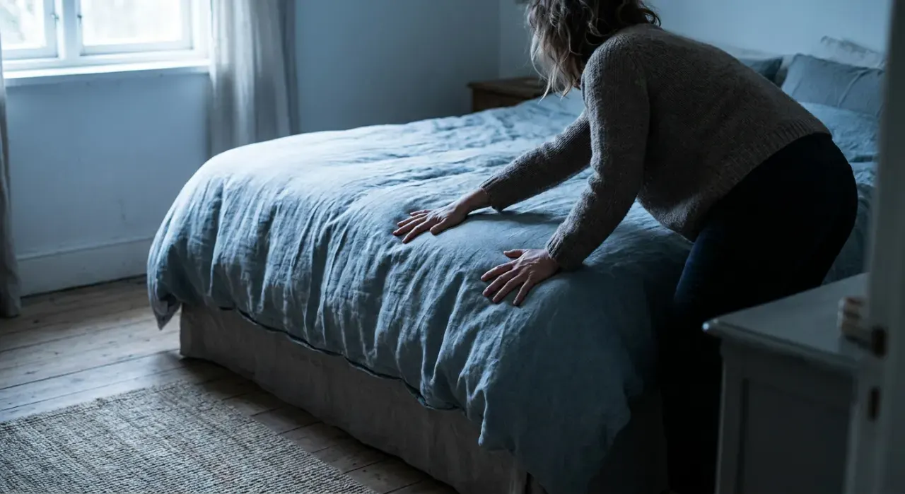 Low-angle view of a person smoothing a duvet across a made bed, in soft early-morning light