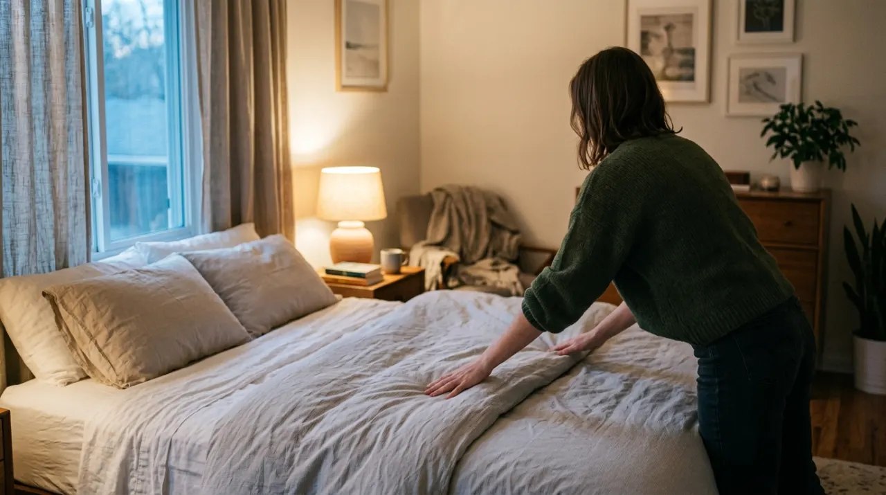 Wide environmental view of a person smoothing a duvet across a made bed, in warm evening lamplight