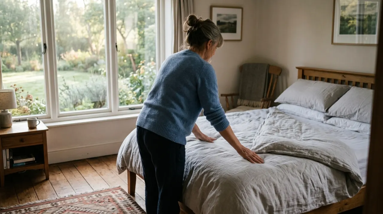 Wide view of a person smoothing a duvet across a made bed, in soft early-morning light