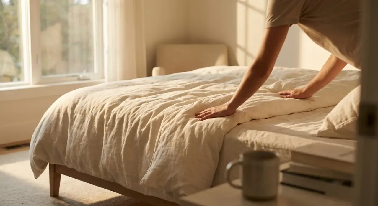 Golden-hour view of a person smoothing a duvet across a made bed