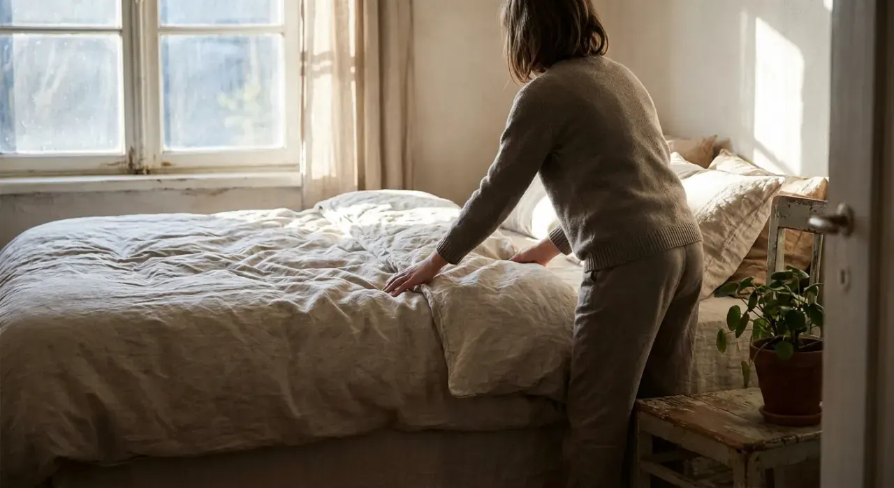Wide environmental view of a person smoothing a duvet across a made bed, in soft early-morning light