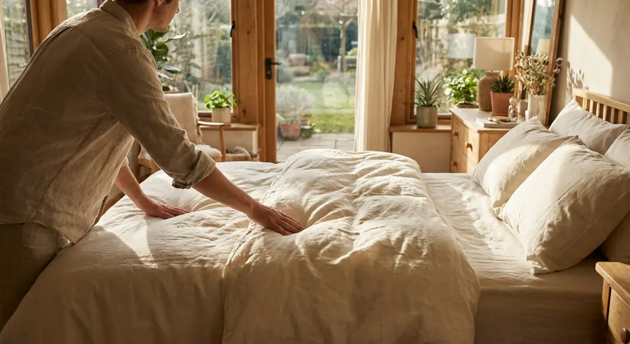 Wide view of a person smoothing a duvet across a made bed, in bright midday sun