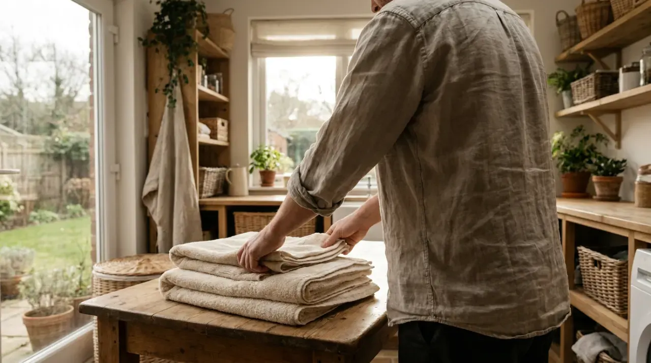 Wide view of a person folding clean laundry in a sunlit laundry room, in soft overcast light