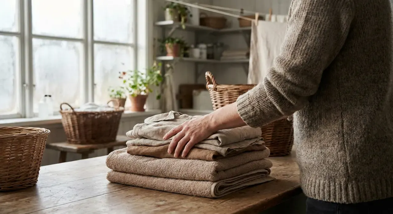 Over-the-shoulder view of a person folding clean laundry in a sunlit laundry room, in soft overcast light