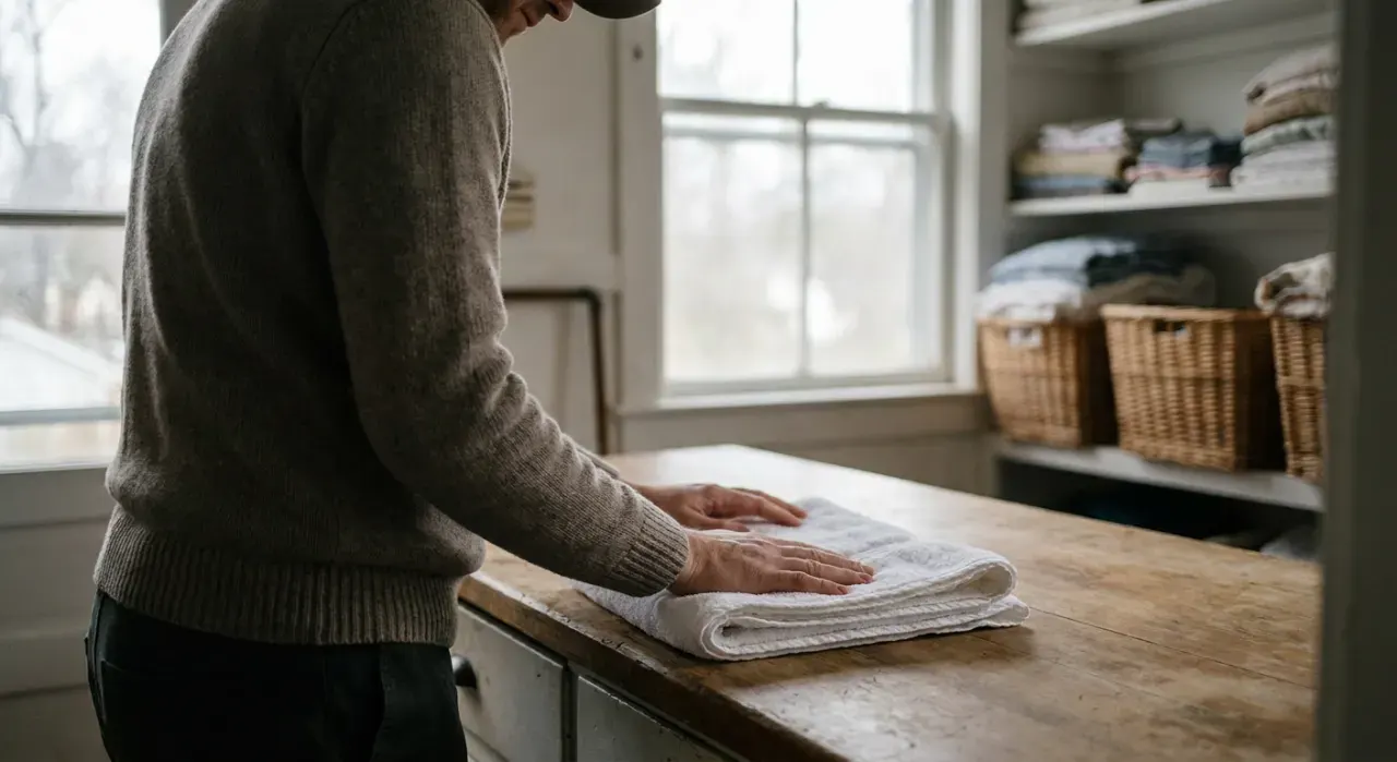 Three-quarter view of a person folding clean laundry in a sunlit laundry room, in soft overcast light