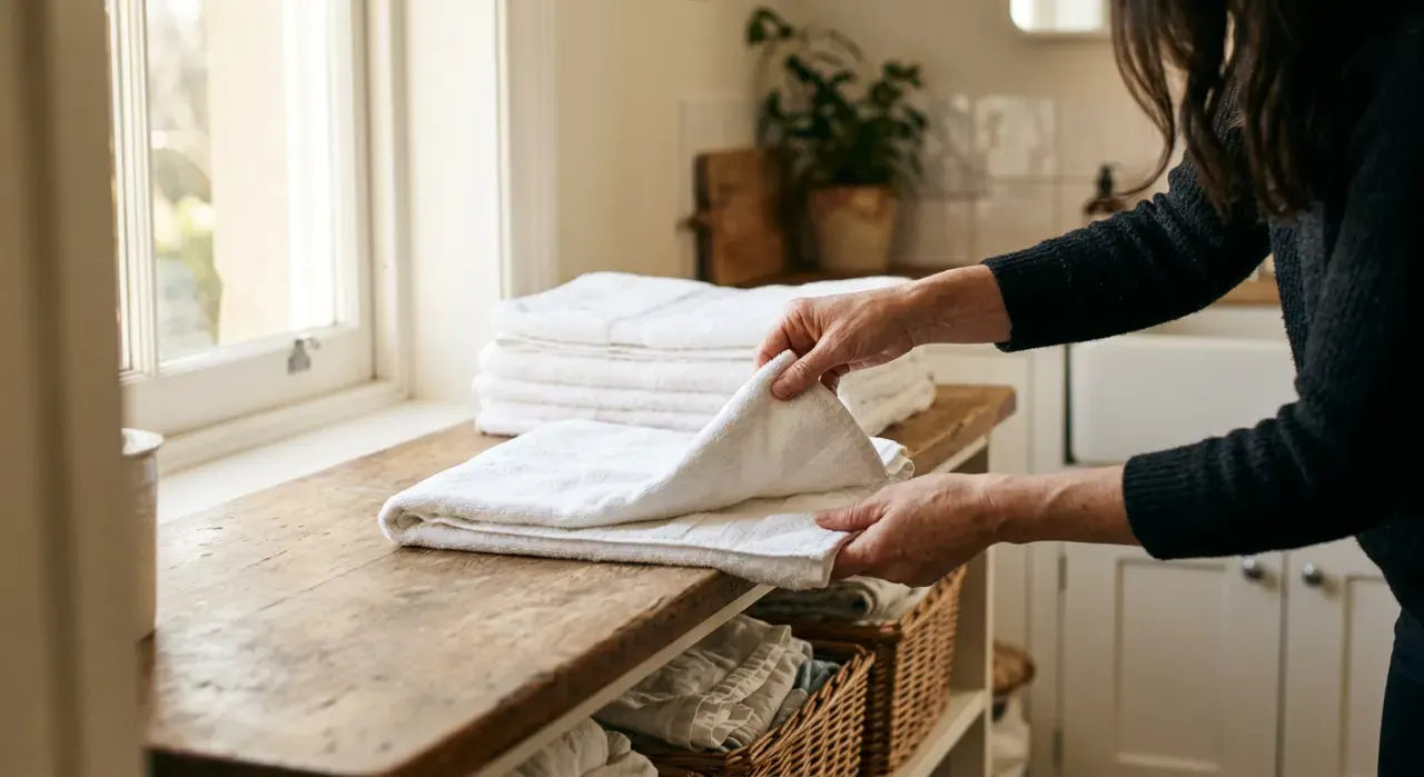 Over-the-shoulder view of a person folding clean laundry in a sunlit laundry room, in soft early-morning light