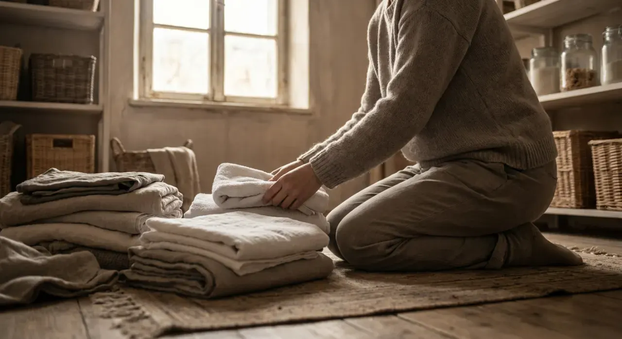 Low-angle view of a person folding clean laundry in a sunlit laundry room, in soft overcast light