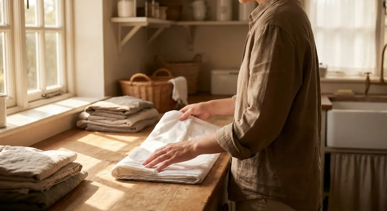 Golden-hour view of a person folding clean laundry in a sunlit laundry room