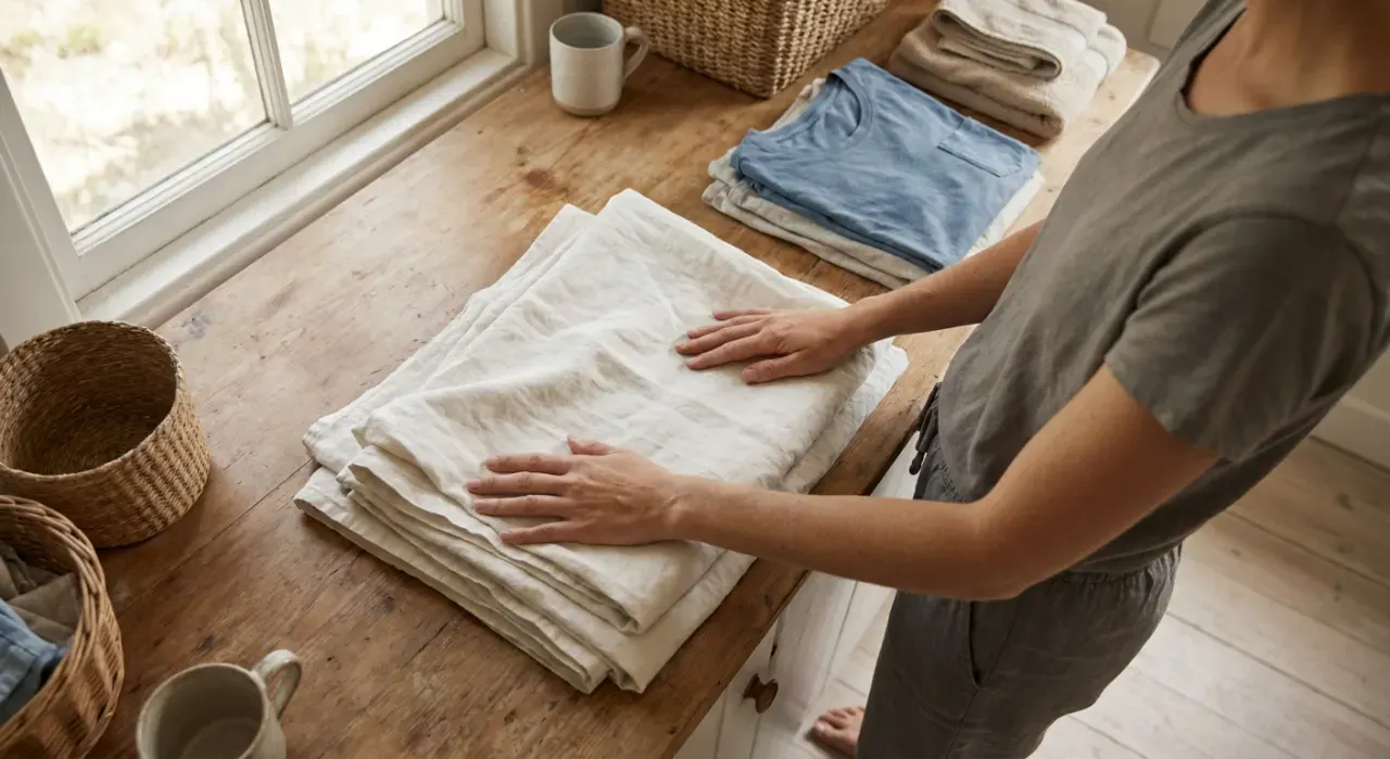 Overhead view of a person folding clean laundry in a sunlit laundry room, in soft overcast light