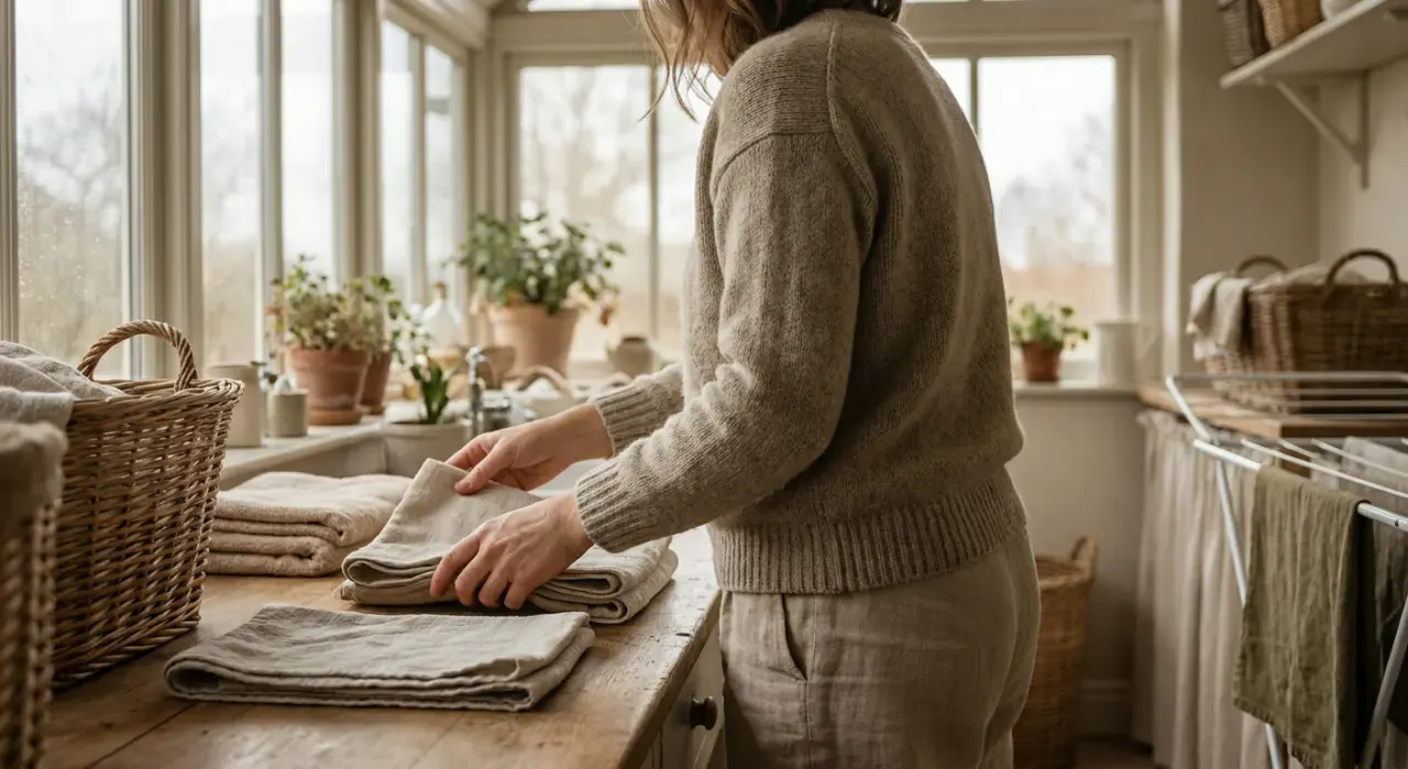 Wide environmental view of a person folding clean laundry in a sunlit laundry room, in soft overcast light