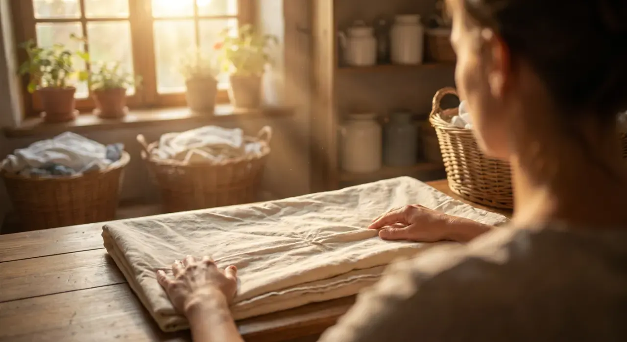 Over-the-shoulder view of a person folding clean laundry in a sunlit laundry room, in warm late-afternoon light