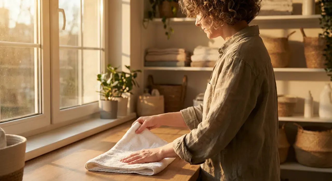 Three-quarter view of a person folding clean laundry in a sunlit laundry room, in warm late-afternoon light