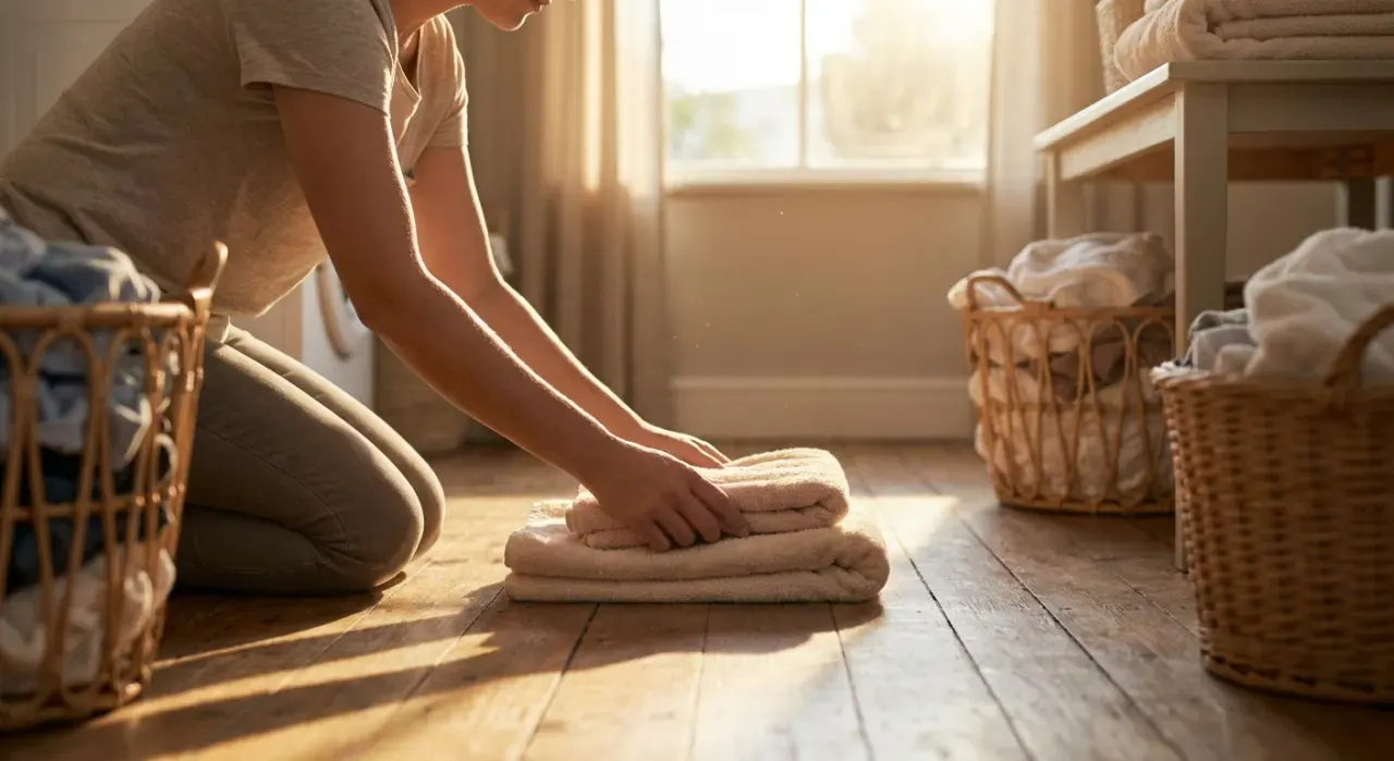 Low-angle view of a person folding clean laundry in a sunlit laundry room, in warm late-afternoon light