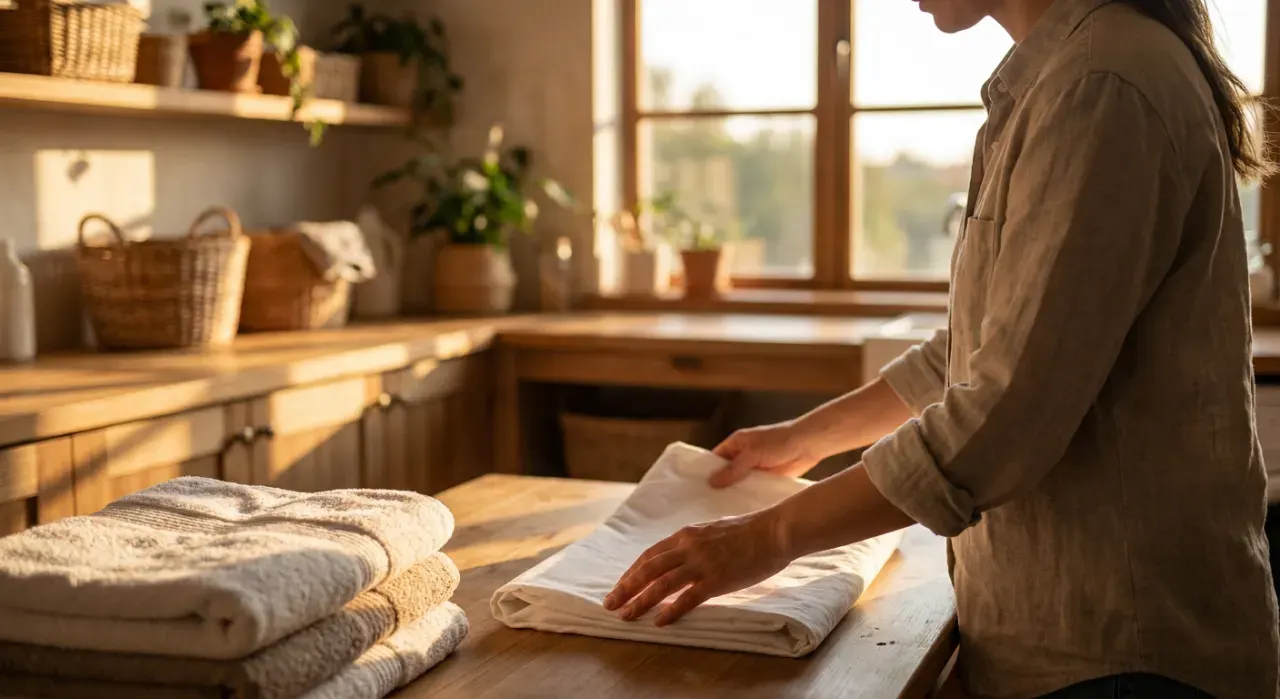 Golden-hour view of a person folding clean laundry in a sunlit laundry room