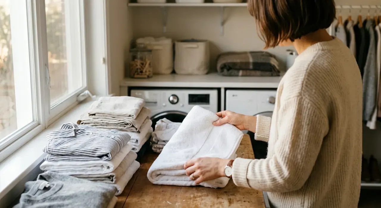 Three-quarter view of a person folding clean laundry in a sunlit laundry room, in soft early-morning light