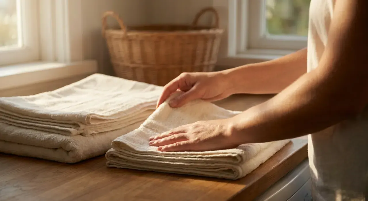 Close-up detail of the material being worked in a cleaning & laundry project, in warm late-afternoon light