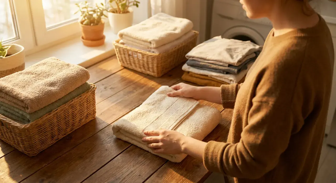 Overhead view of a person folding clean laundry in a sunlit laundry room, in warm late-afternoon light