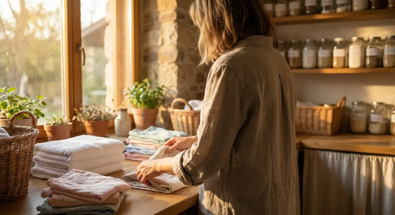 Wide environmental view of a person folding clean laundry in a sunlit laundry room, in warm late-afternoon light