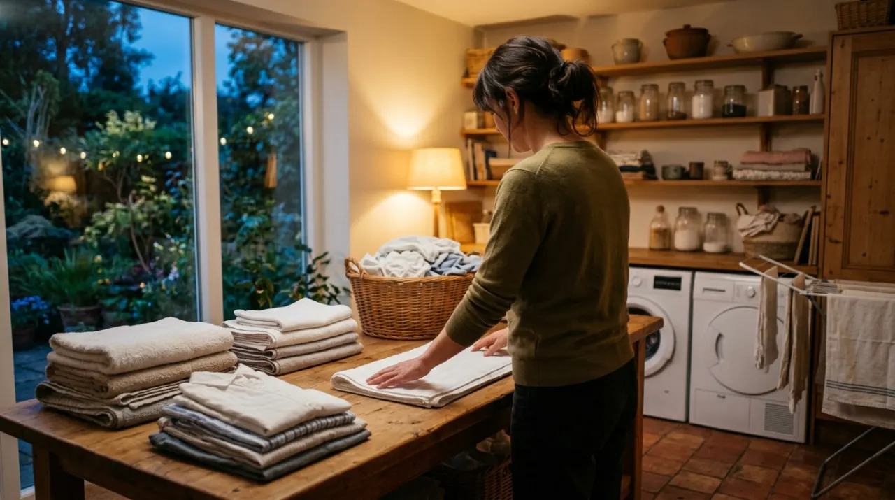 Wide view of a person folding clean laundry in a sunlit laundry room, in warm evening lamplight