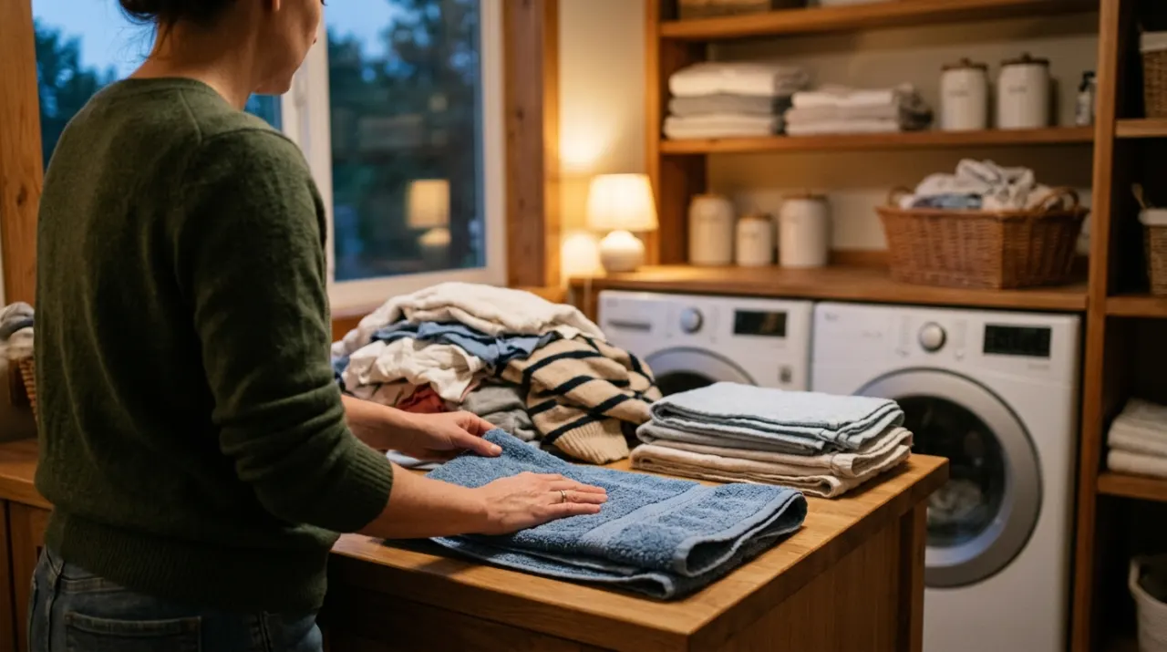 Over-the-shoulder view of a person folding clean laundry in a sunlit laundry room, in warm evening lamplight