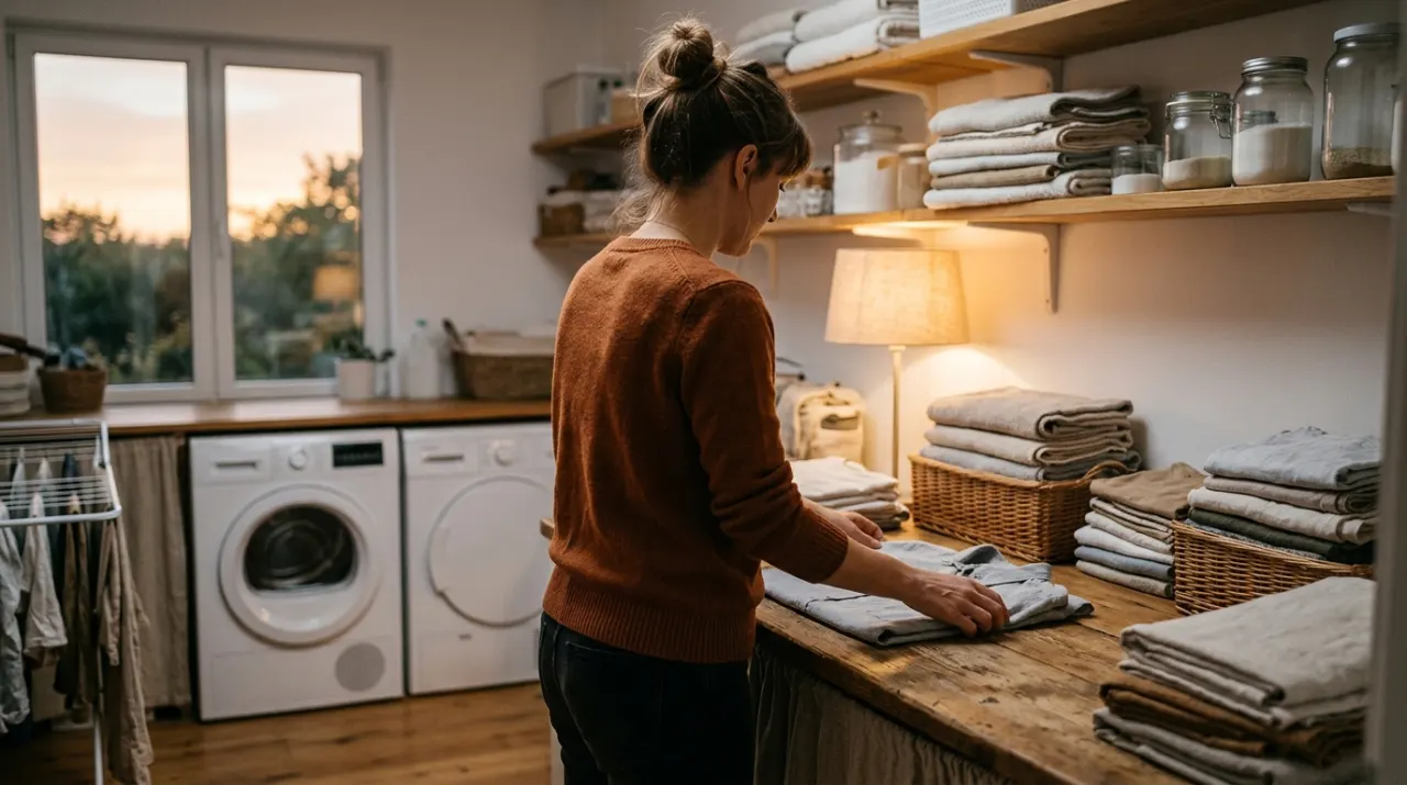 Three-quarter view of a person folding clean laundry in a sunlit laundry room, in warm evening lamplight