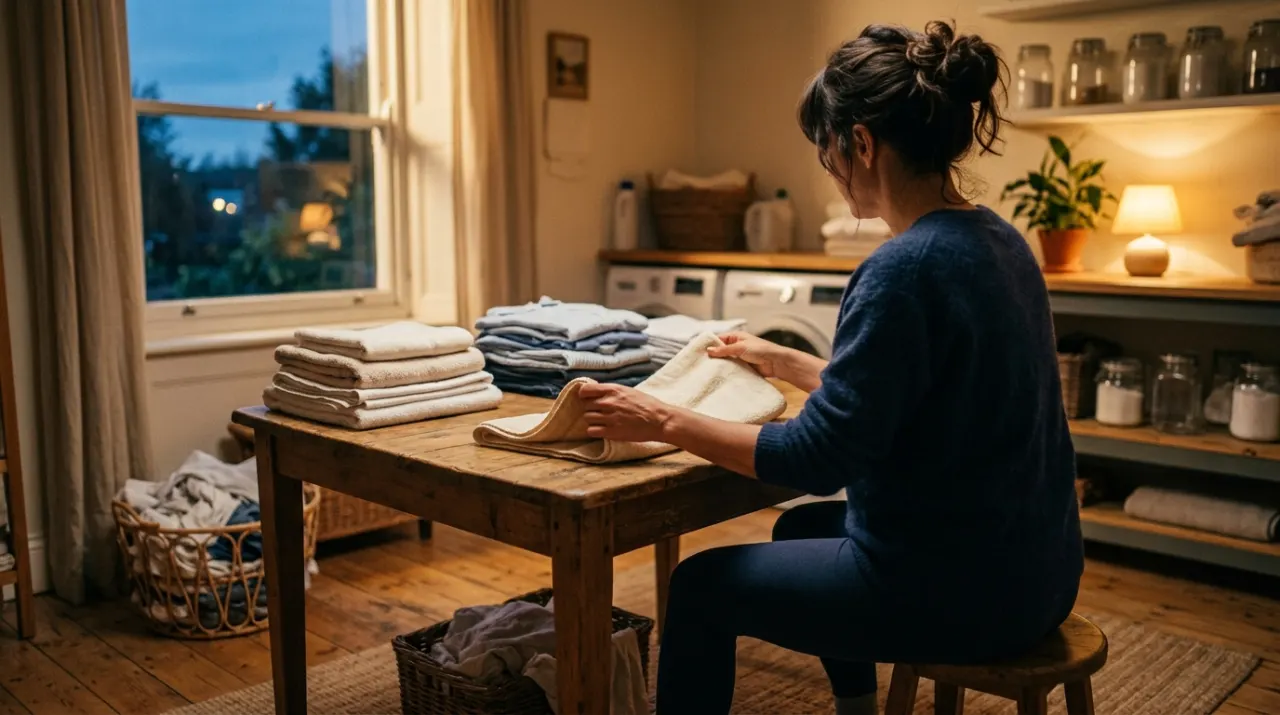 Low-angle view of a person folding clean laundry in a sunlit laundry room, in warm evening lamplight