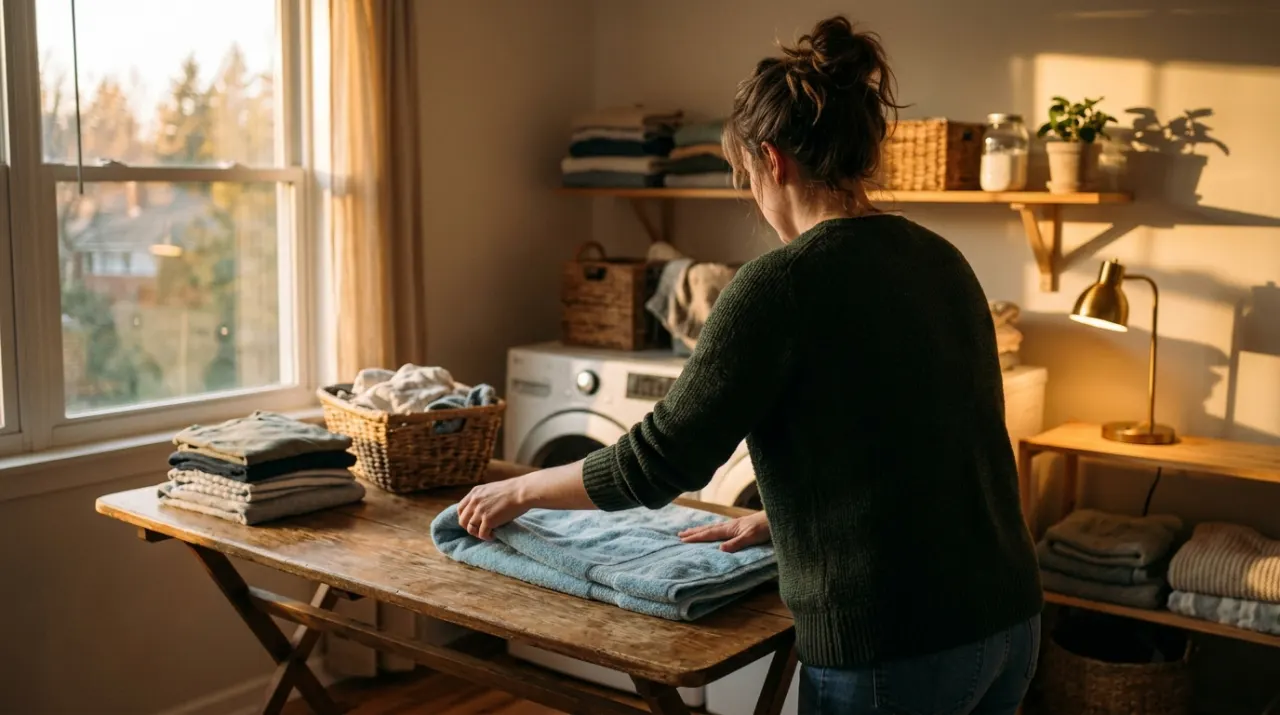 Golden-hour view of a person folding clean laundry in a sunlit laundry room